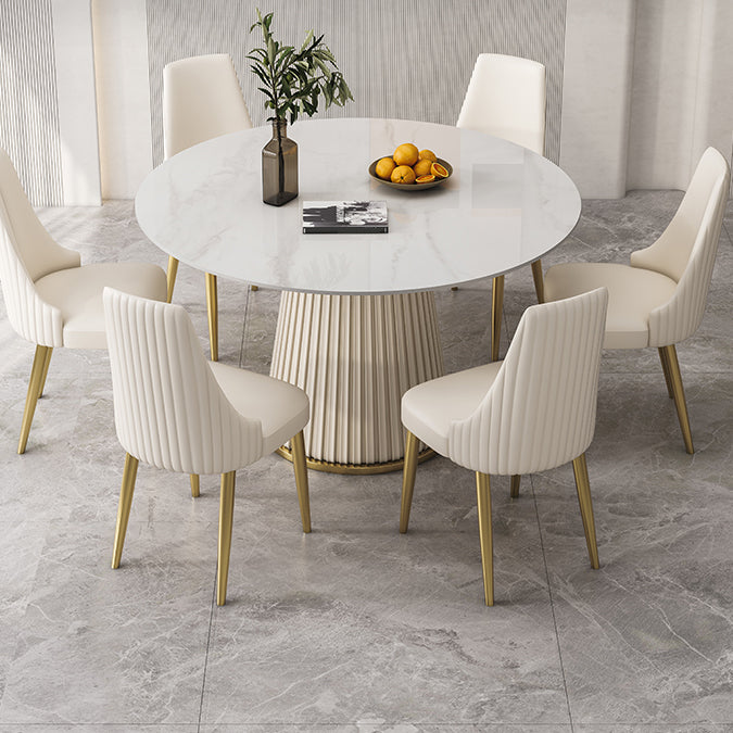 Round Traditional Luxury Dining Table White Sintered Stone Table with White Pedestal Base