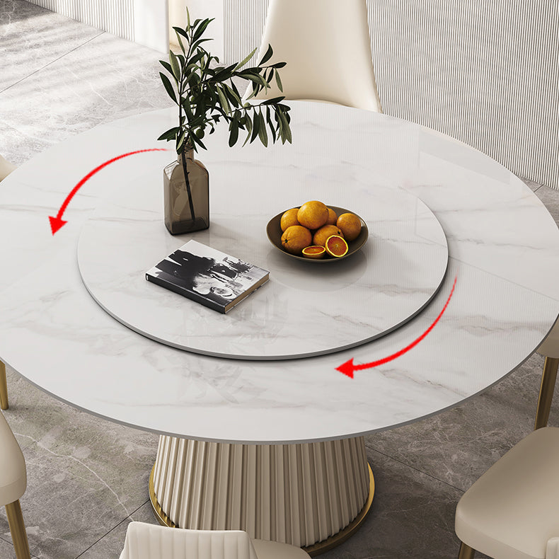 Round Traditional Luxury Dining Table White Sintered Stone Table with White Pedestal Base
