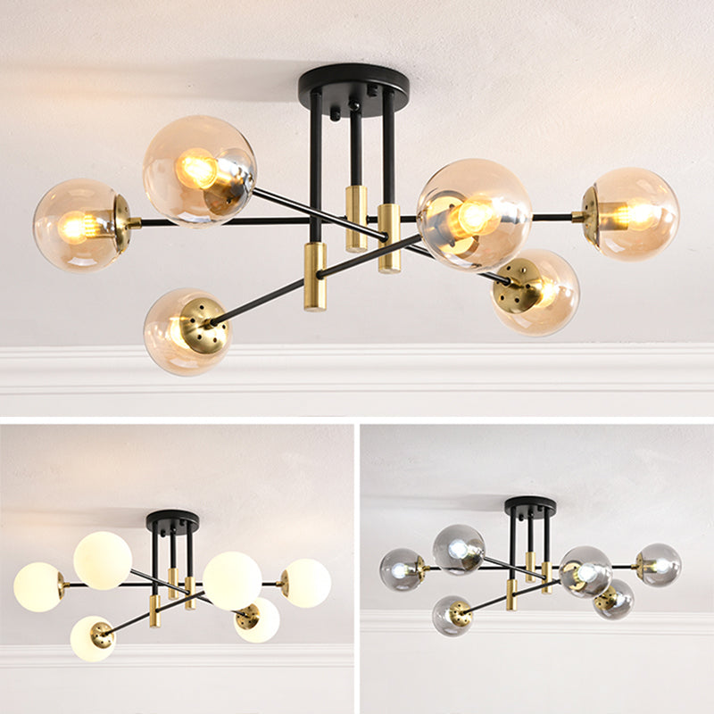 Modern Nordic Globe Semi Flush Mount Electroplate Iron Ceiling Light with Glass Shade