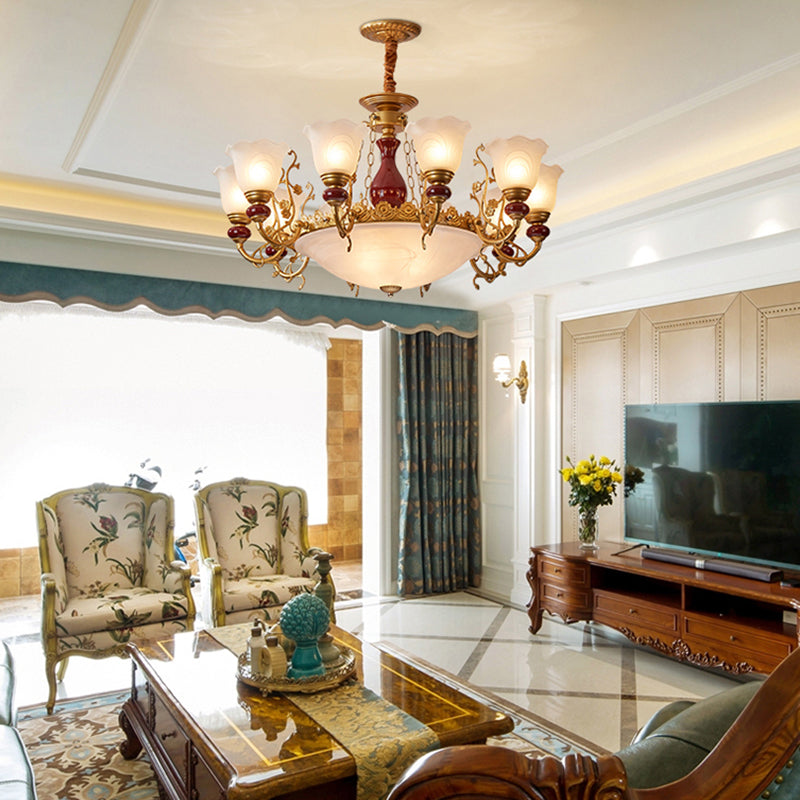 White Glass American Chandelier Gold Multi Light Hanging Light for Restaurant