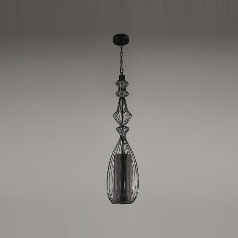Pendante per lantenna in tessuto in gabbia retrò sala da pranzo a 1 luce appesa alla luce in nero