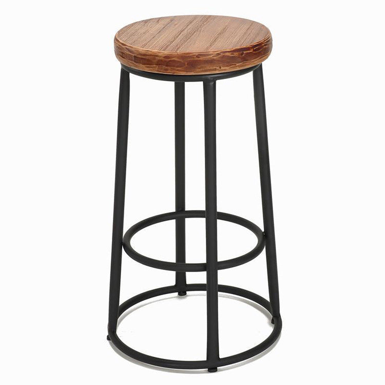 Brown Wood Backless and Armless Stool Industrial Bar and Counter Stool with Iron Legs