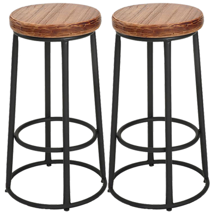 Brown Wood Backless and Armless Stool Industrial Bar and Counter Stool with Iron Legs