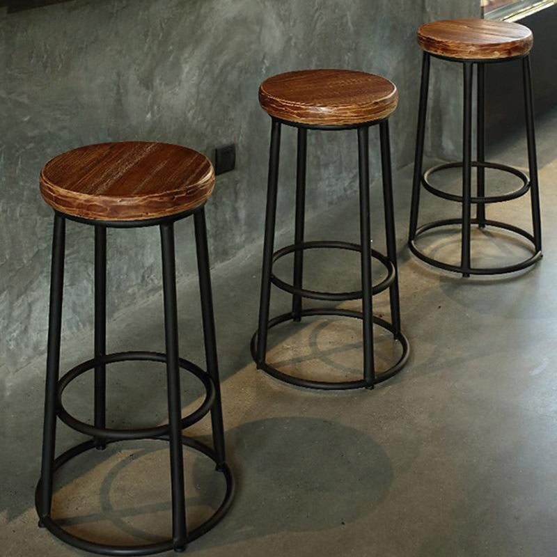 Brown Wood Backless and Armless Stool Industrial Bar and Counter Stool with Iron Legs