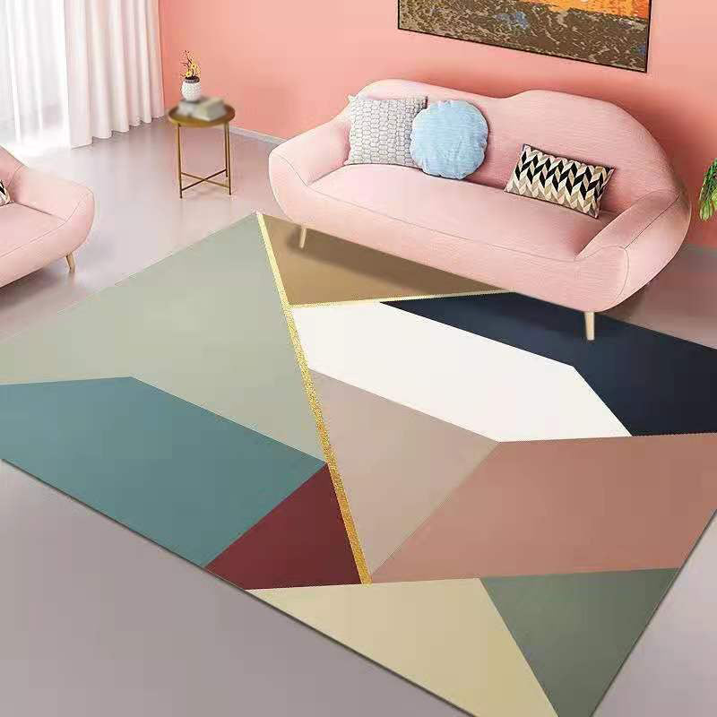 Pink Geometry Pattern Rug Polyester Simple Rug Washable Rug for Living Room
