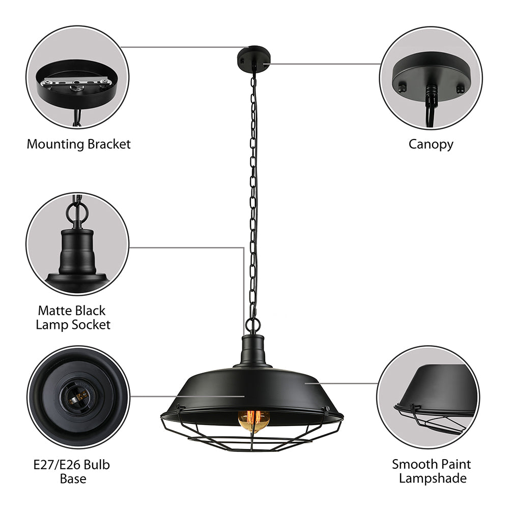 Boerderij stijlvolle schuurplafondlamp met kooi schaduw 1 bol metallic hanger lamp in zwart, 10 "/14"/18 "diameter