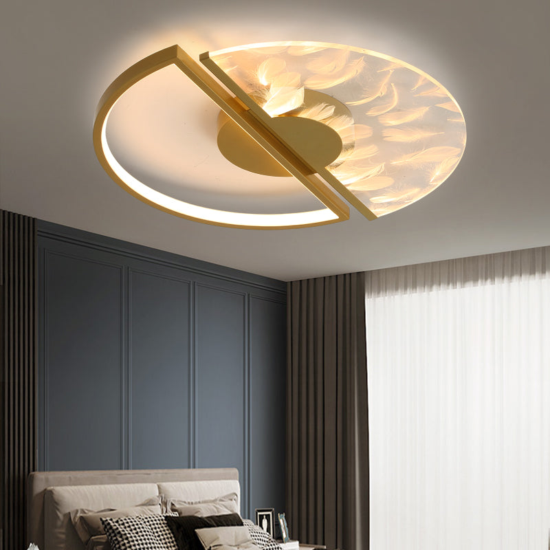 Round Shape Feather Ceiling Lamp Modern Iron 2 Lights Flush Mount for Study Bedroom