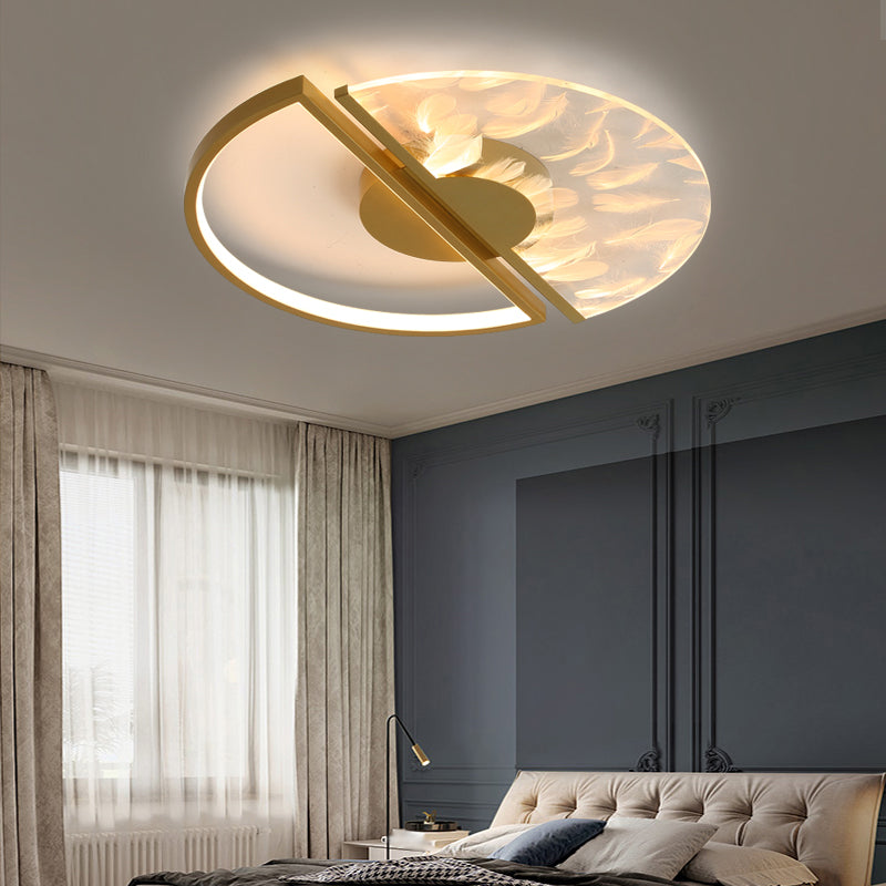 Round Shape Feather Ceiling Lamp Modern Iron 2 Lights Flush Mount for Study Bedroom