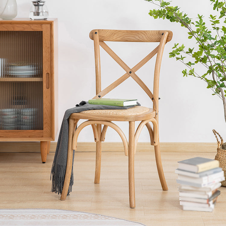 Silla de comedor tradicional de mimbre de madera, silla con respaldo cruzado sin brazos para comedor