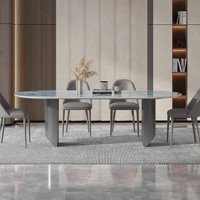 Metal Oval Traditional Luxury Dining Table Sintered Stone Table with Double Pedestal