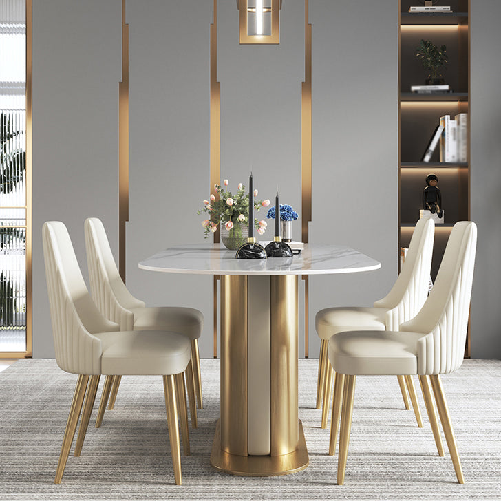 Glam Kitchen White Dining Table Sintered Stone Standard Dining Table with Pedestal Base