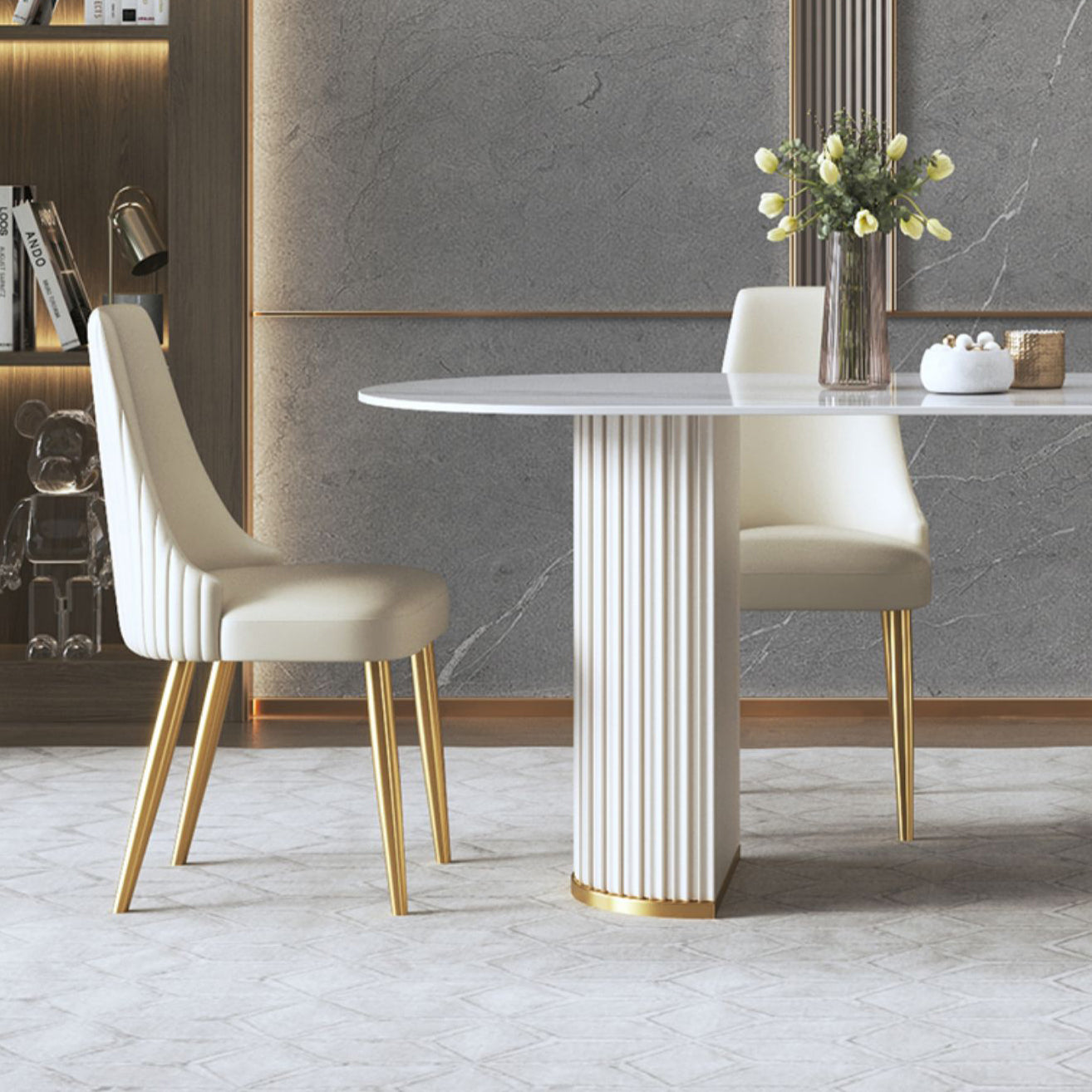 Glam Sintered Stone White Dining Table Oval Standard Dining Table for Kitchen
