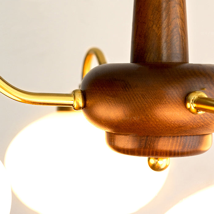 Wooden Chandelier Gold Globe Hanging Light with White Glass for Living Room