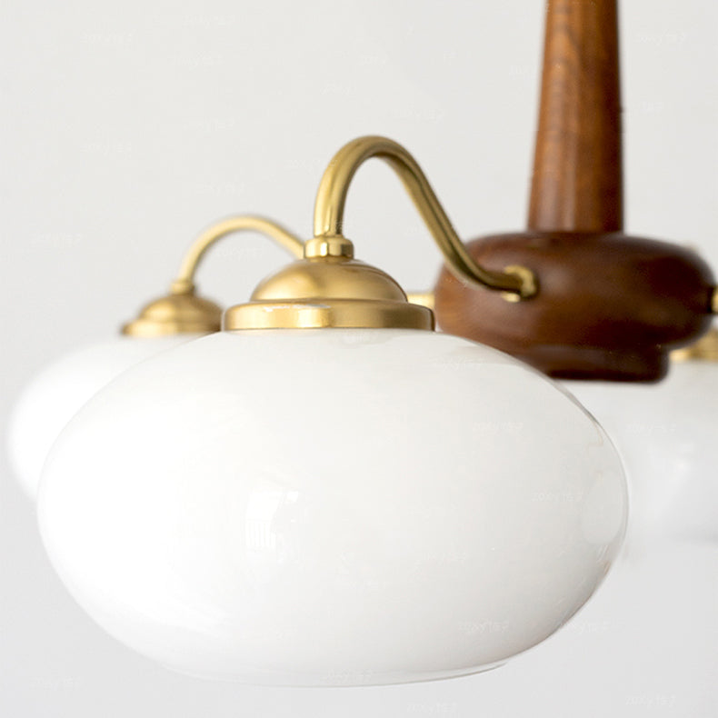 Wooden Chandelier Gold Globe Hanging Light with White Glass for Living Room