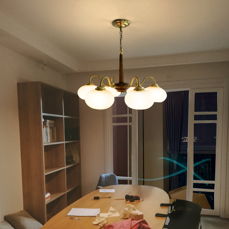 Wooden Chandelier Gold Globe Hanging Light with White Glass for Living Room