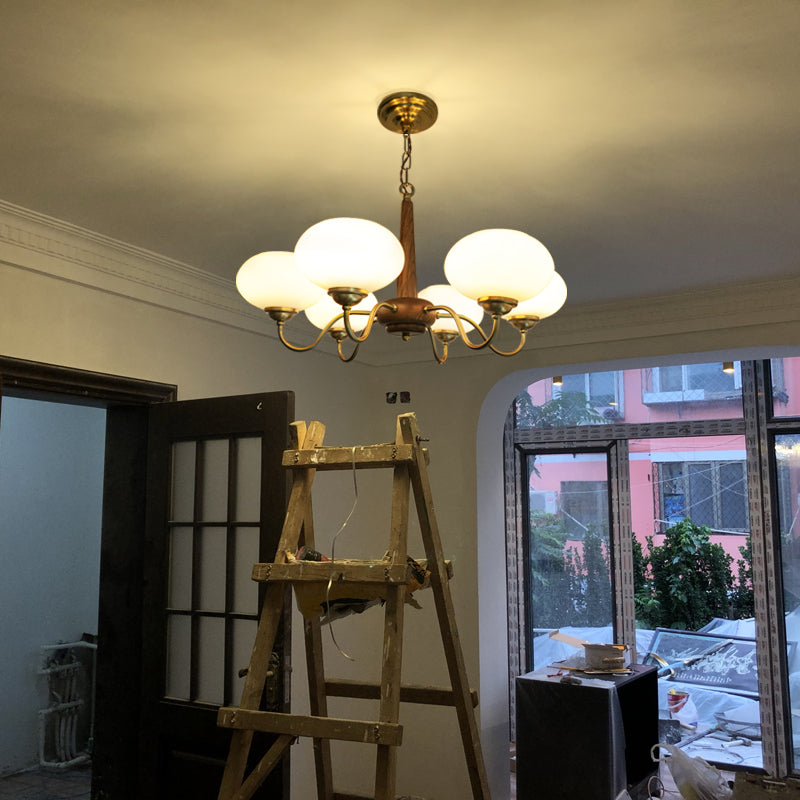 Wooden Chandelier Gold Globe Hanging Light with White Glass for Living Room