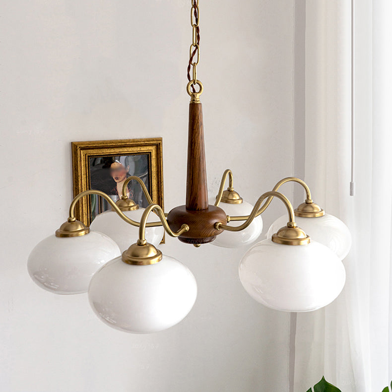 Wooden Chandelier Gold Globe Hanging Light with White Glass for Living Room
