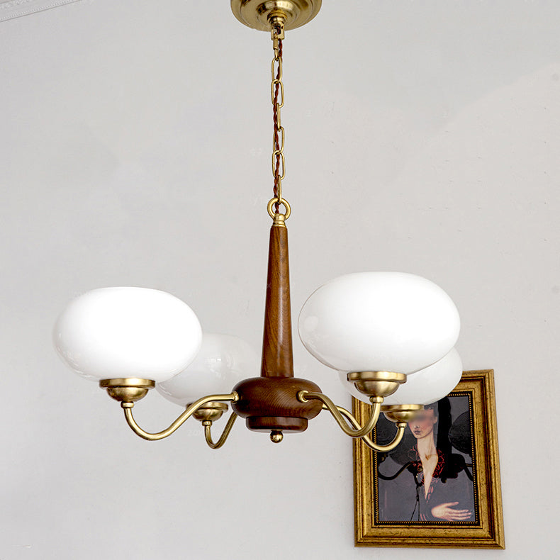 Wooden Chandelier Gold Globe Hanging Light with White Glass for Living Room