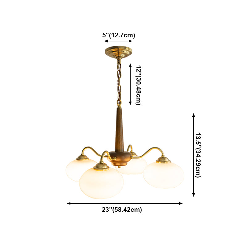 Wooden Chandelier Gold Globe Hanging Light with White Glass for Living Room