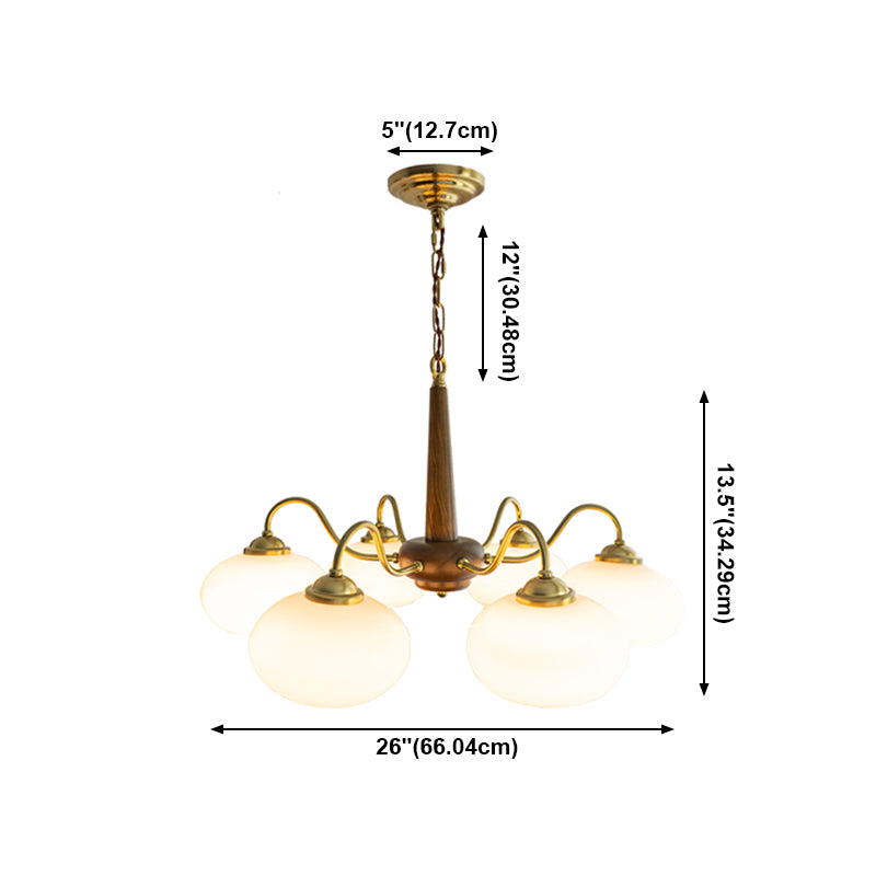 Wooden Chandelier Gold Globe Hanging Light with White Glass for Living Room
