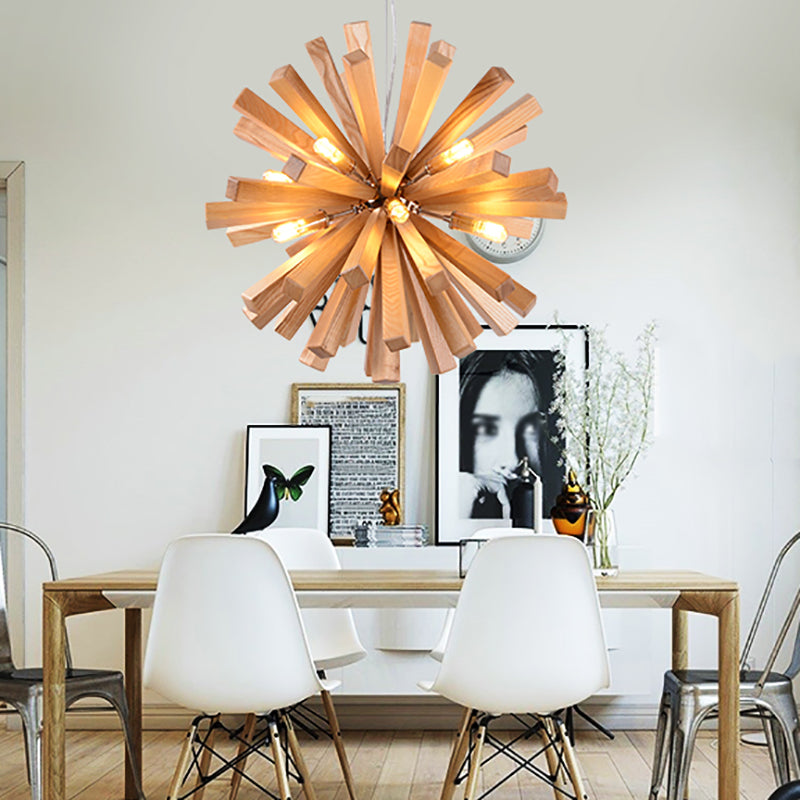 Wood Nordic Style Chandelier 10 Lights Hanging Light for Restaurant