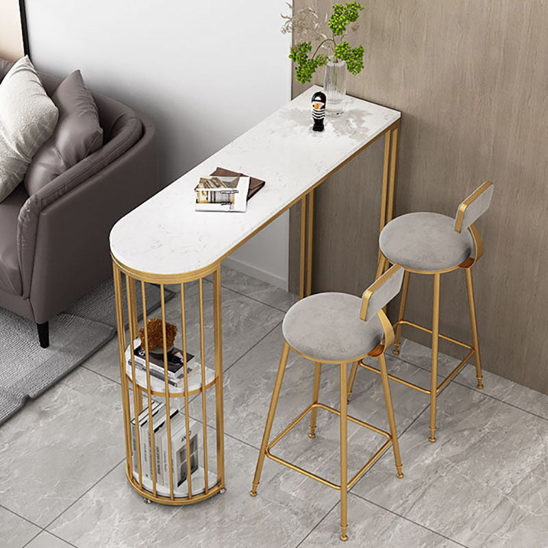 Faux Marble Indoor Glam Bar Dining Table Iron Double Pedestal Bistro Table with Shelve