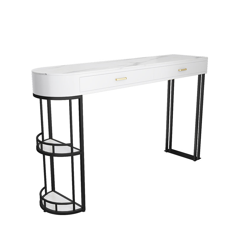 Stone Indoor Glam Bar Dining Table Iron Double Pedestal Bistro Table with Drawer