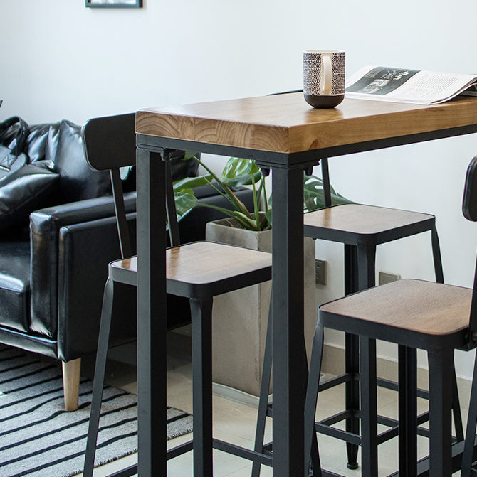 Modern Rectangle Bar Dining Table Wood Trestle Bar Height Pub Table with Iron Base