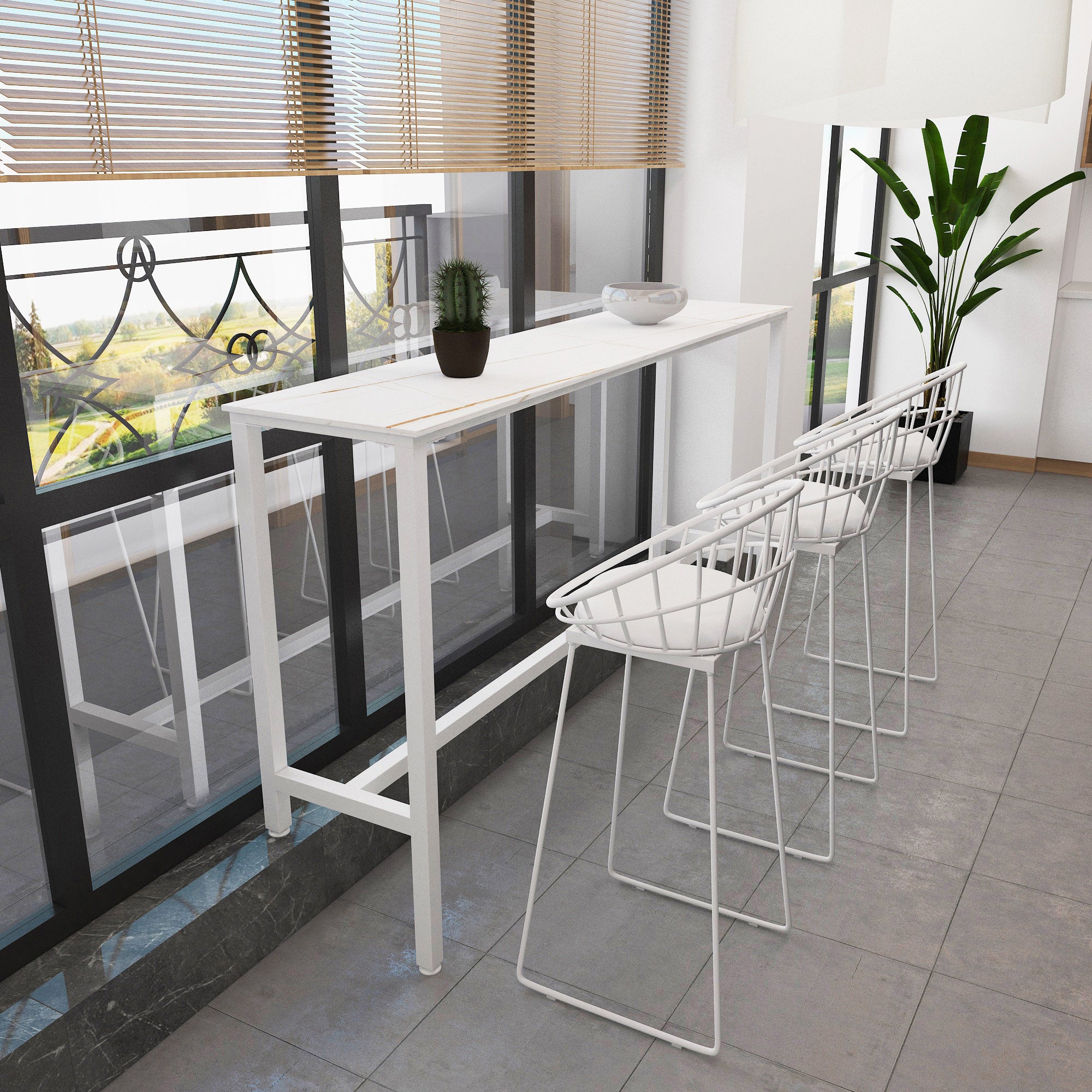 Rectangle Stone Modern Cocktail Bar Table Footrest Trestle Pub Height Dining Table