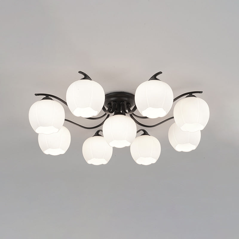 Glass Spherical Semi-Flush Mount Light Simple Living Room Ceiling Light in Black