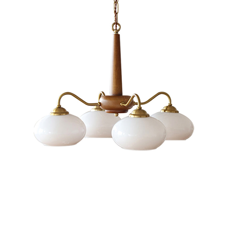 Brass Japanese Chandelier Bowl Shape Multi Light Hanging Light with Wood for Restaurant