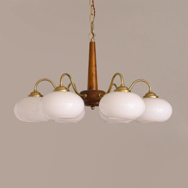 Brass Japanese Chandelier Bowl Shape Multi Light Hanging Light with Wood for Restaurant