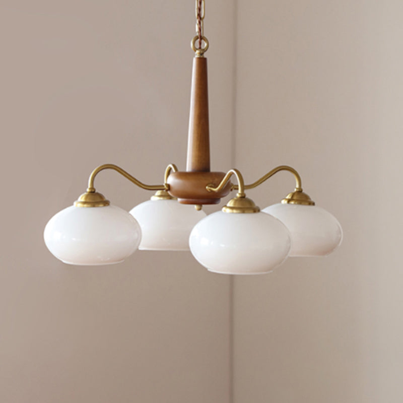 Brass Japanese Chandelier Bowl Shape Multi Light Hanging Light with Wood for Restaurant