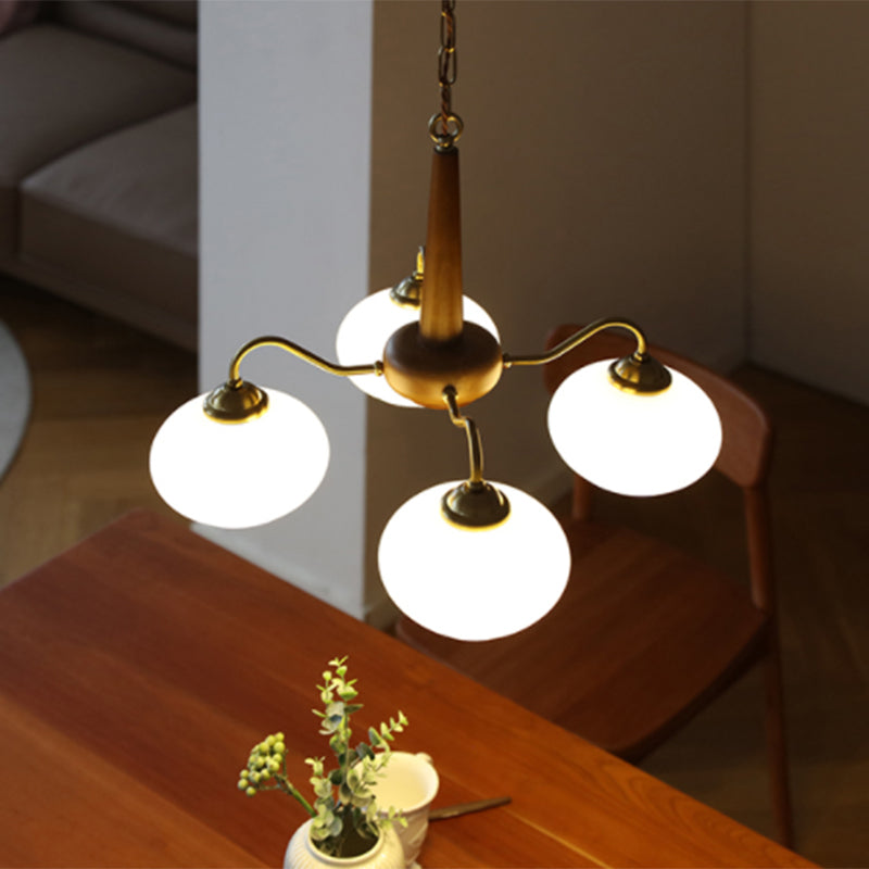 Brass Japanese Chandelier Bowl Shape Multi Light Hanging Light with Wood for Restaurant