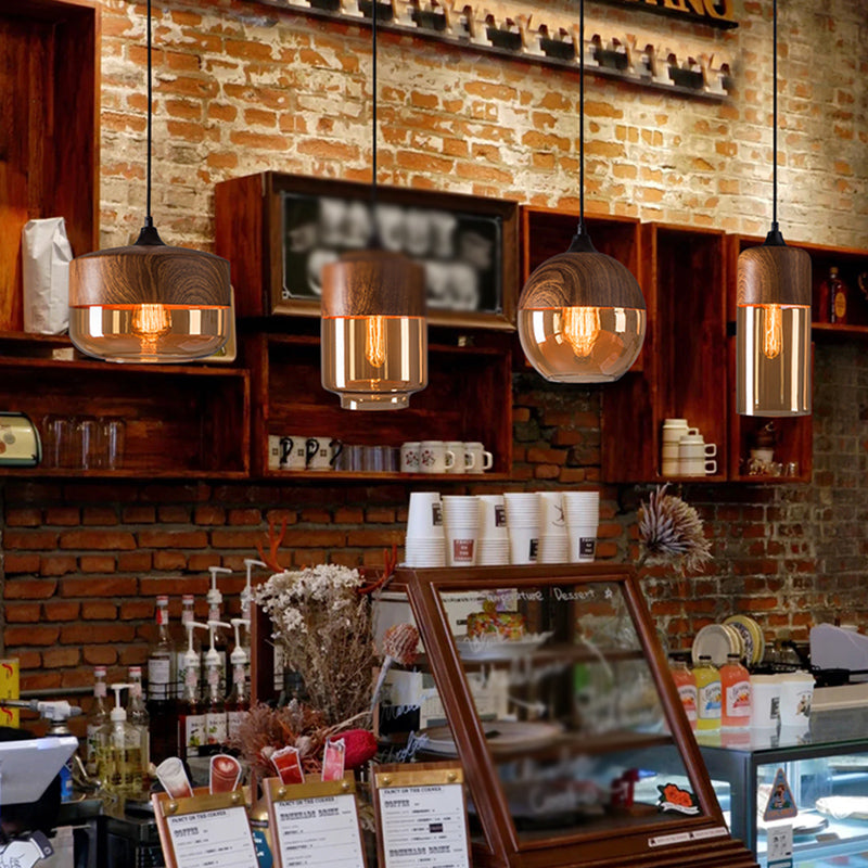 La lampe suspension de la suspension nordique en bois nordique 1-Light Light avec une teinte en verre géométrique