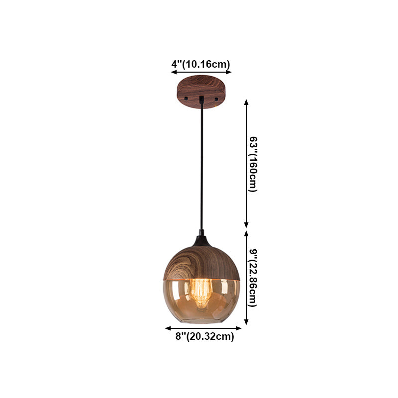 1-Light Cafe Suspension Lamp Nordic Walnut Wood Finish Pendant Light with Geometric Glass Shade
