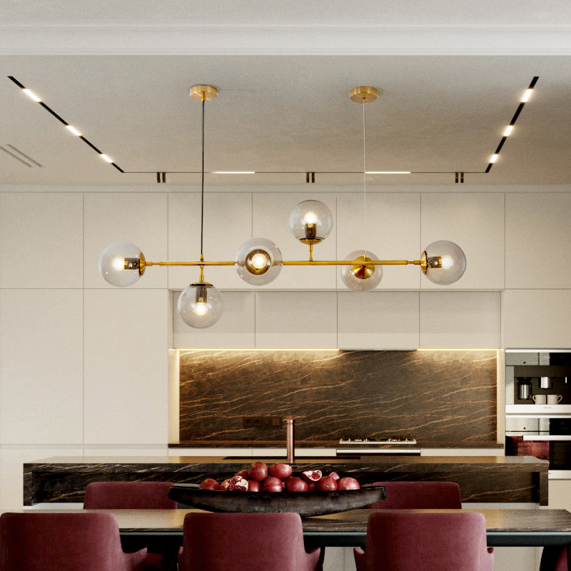 Salle à manger Island Light Nordic Style Gold Island Éclairage avec une teinte en verre sphérique