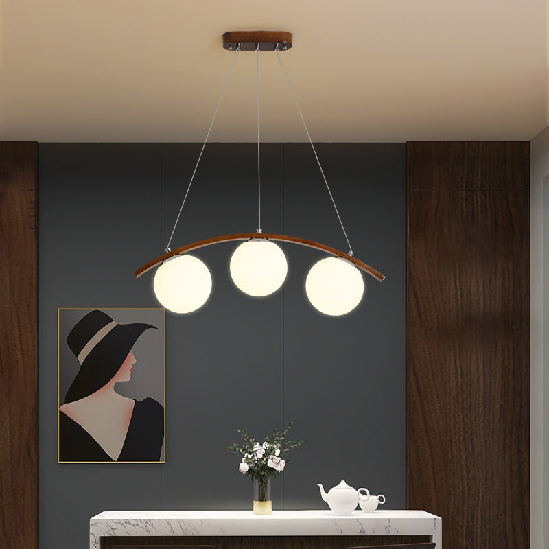 Modern Wooden Island Light Round Glass Shade Chandelier Light Fixture for Dining Room