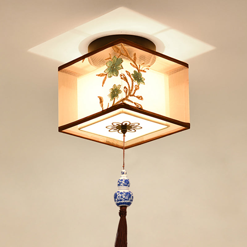 Chinese Style Ceiling Light Fabric Shade Flush Mount Lamp for Living Room Sitting Room