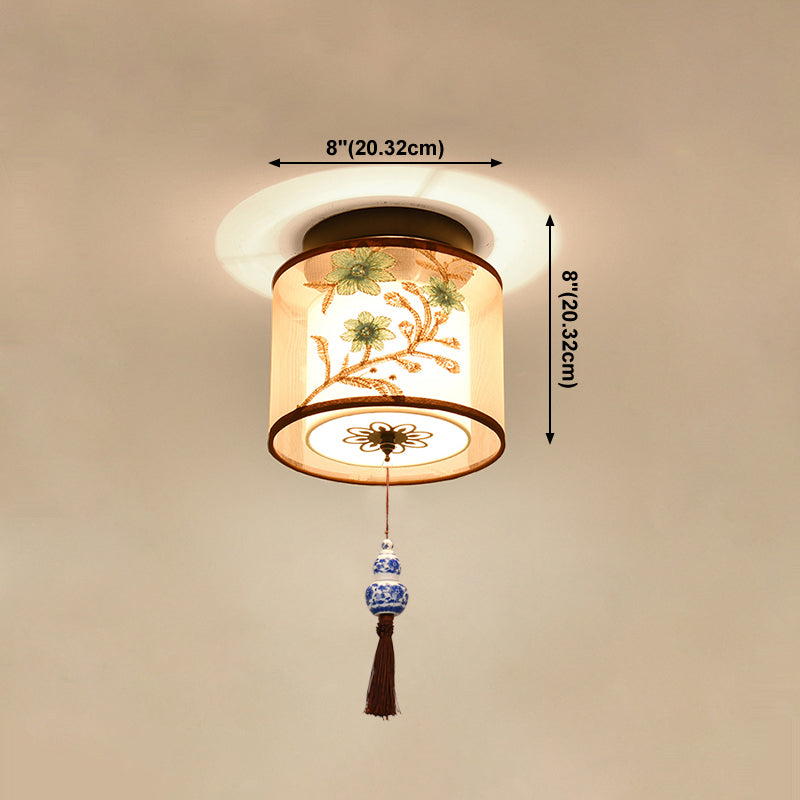 Chinese Style Ceiling Light Fabric Shade Flush Mount Lamp for Living Room Sitting Room