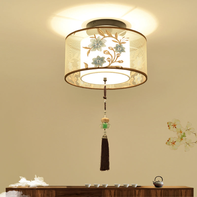 Chinese Style Flush Light Fabric Flush Mount Ceiling Fixture for Living Room