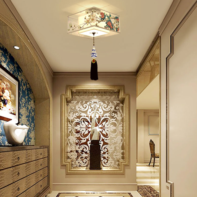 Chinese Style Flush Light Fabric Flush Mount Ceiling Fixture for Living Room