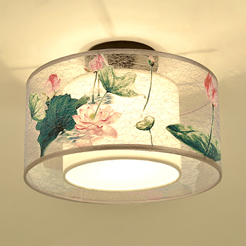 Chinese Style Flush Light Fabric Flush Mount Ceiling Fixture for Living Room