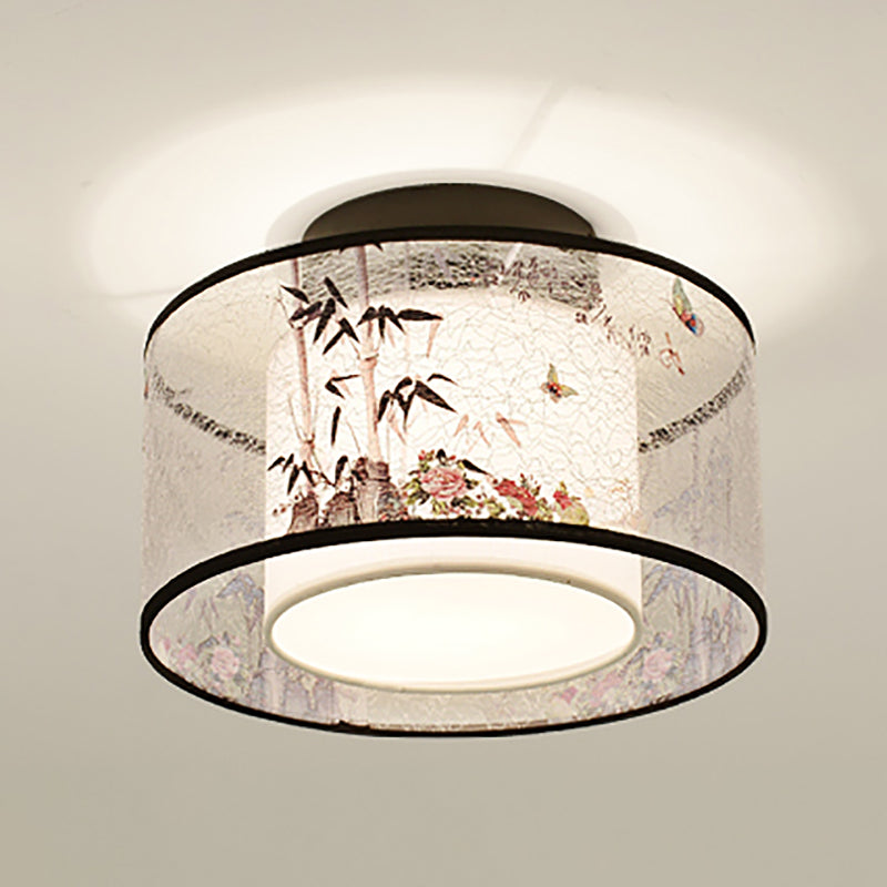 Chinese Style Flush Light Fabric Flush Mount Ceiling Fixture for Living Room