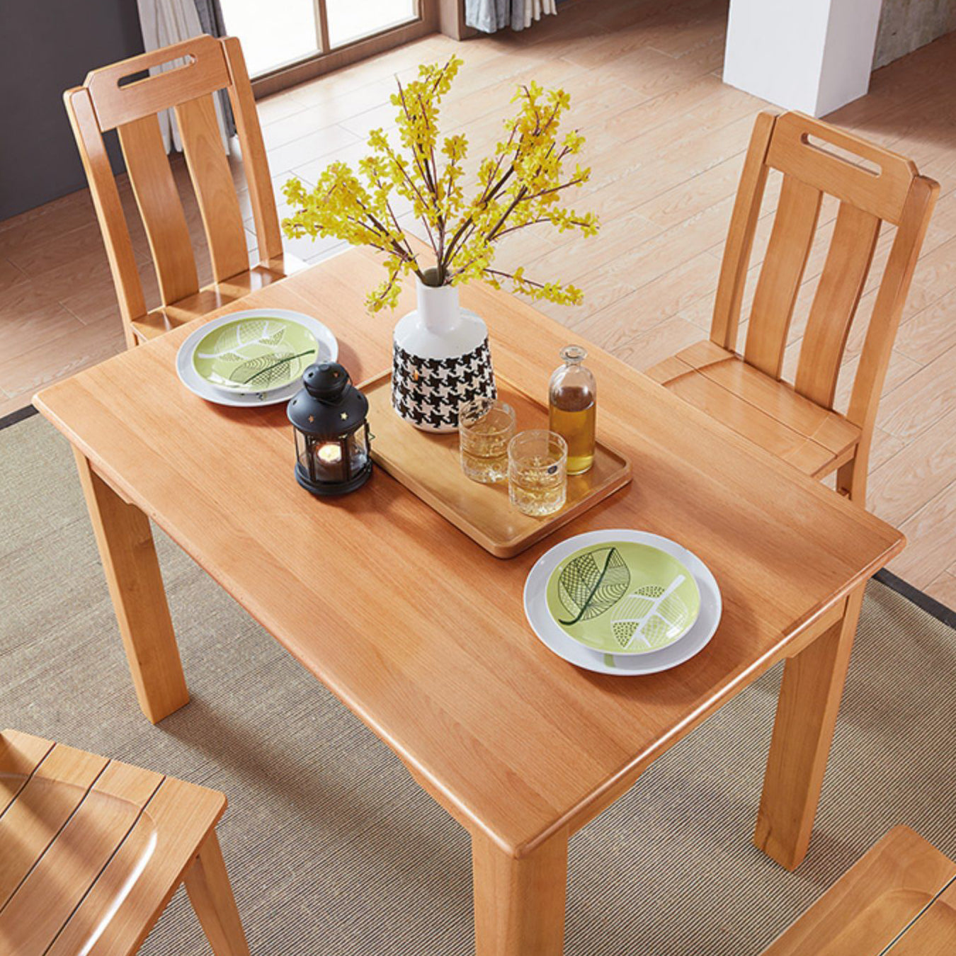 Mid-Century Modern Solid Wood Dining Table Beech Wood Top Table with 4 Legs