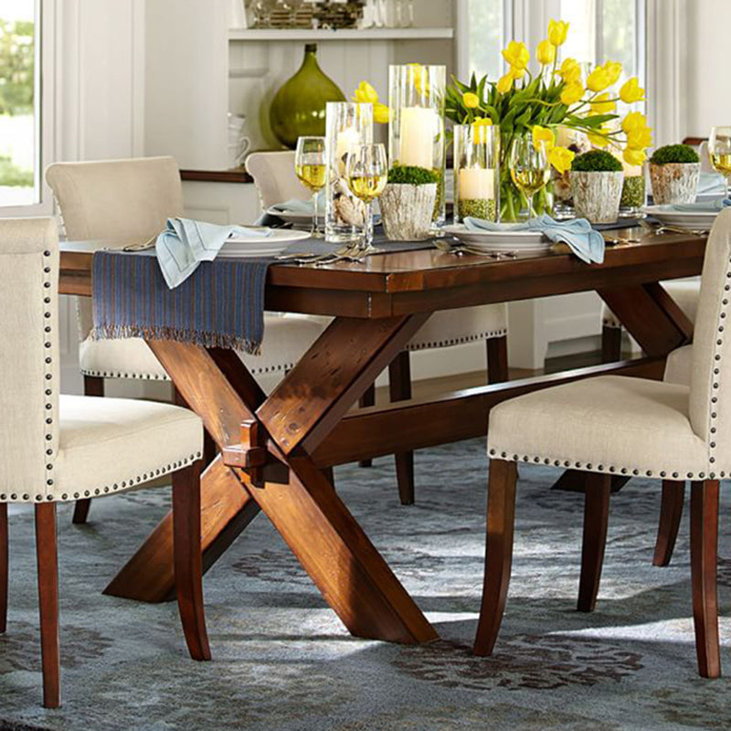 Rectangle Mid-Century Dining Table Brown Tone Fixed Table with Pinewood Solid Wood
