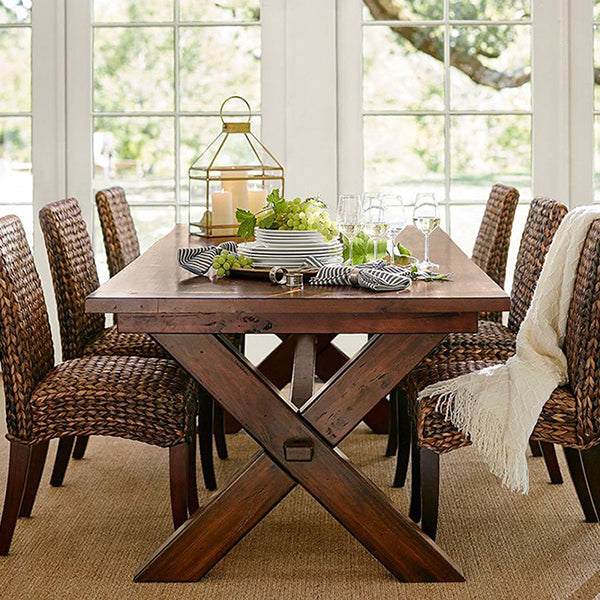 Rectangle Mid-Century Dining Table Brown Tone Fixed Table with Pinewood Solid Wood