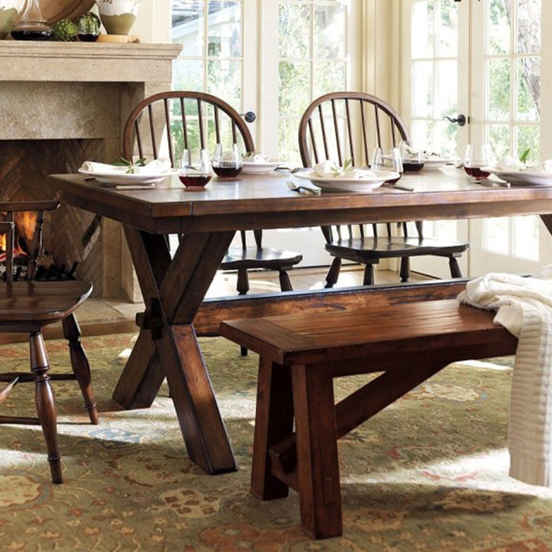 Rectangle Mid-Century Dining Table Brown Tone Fixed Table with Pinewood Solid Wood