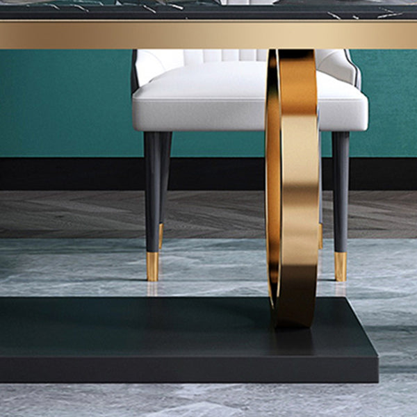 Mesa de comedor tradicional de lujo, mesa rectangular de piedra sinterizada con marco dorado