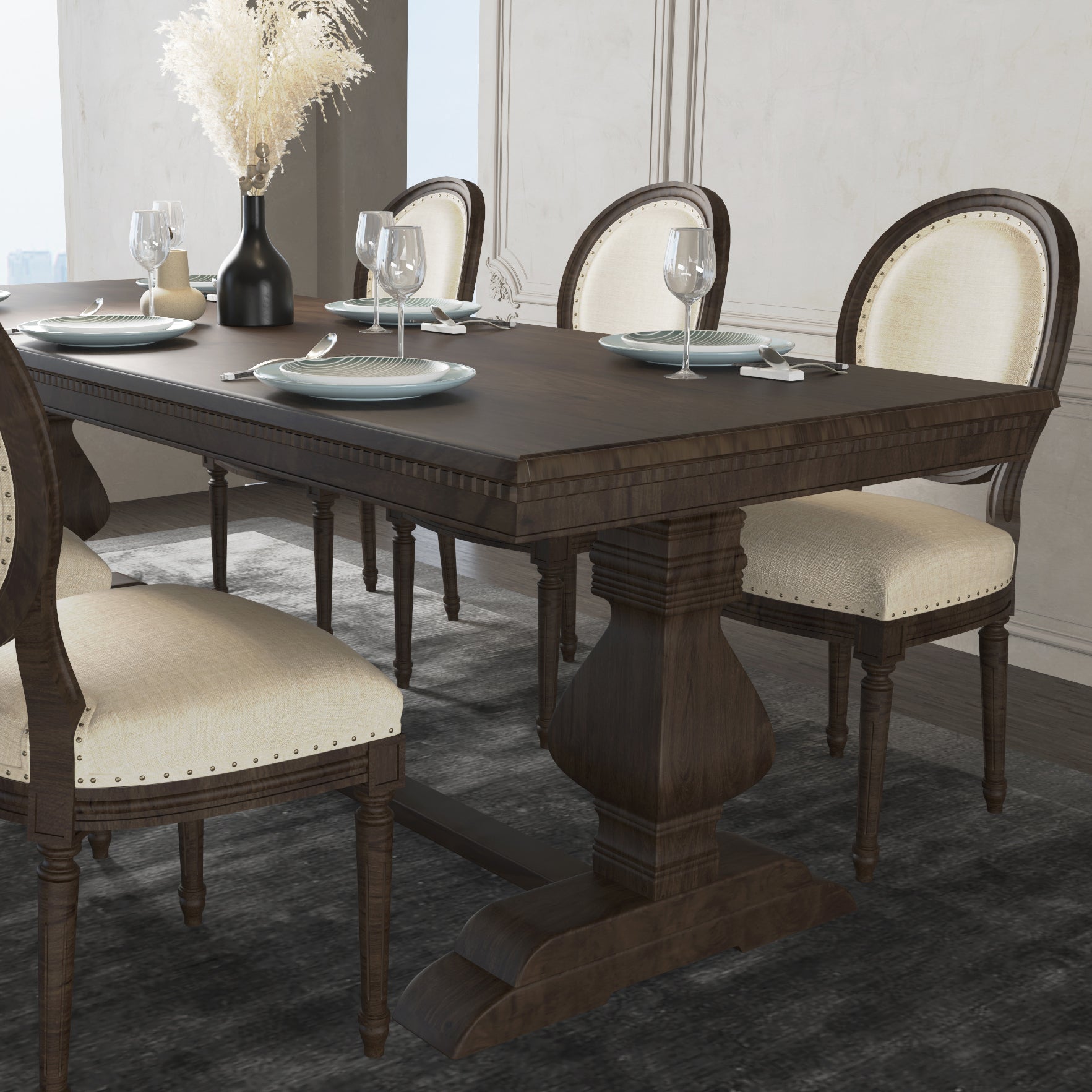 Mid-Century Modern Rectangle Table Solid Wood Dining Table with Trestle Base
